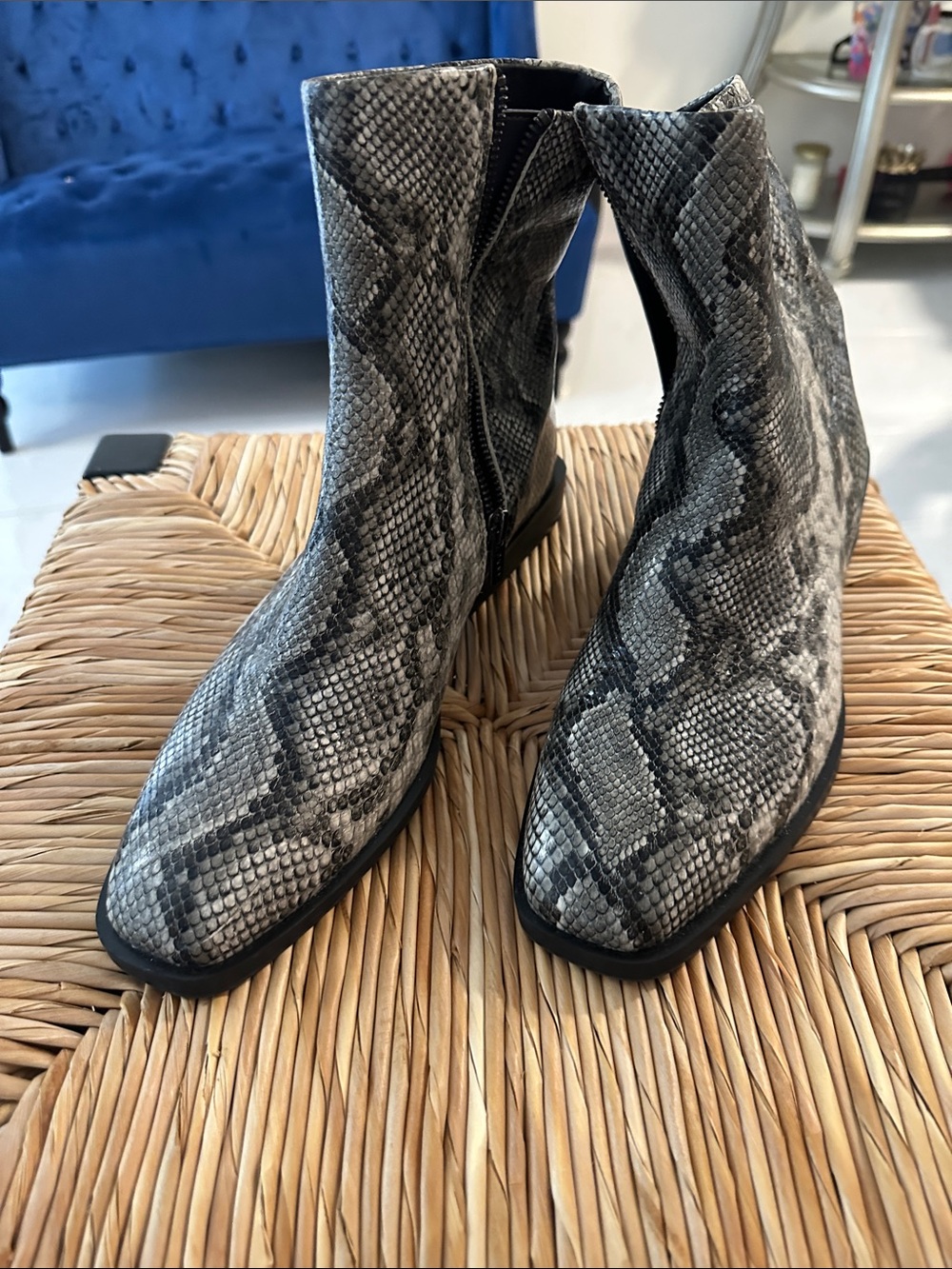 DKNY Gray and Black Snake-Print Ankle Boots